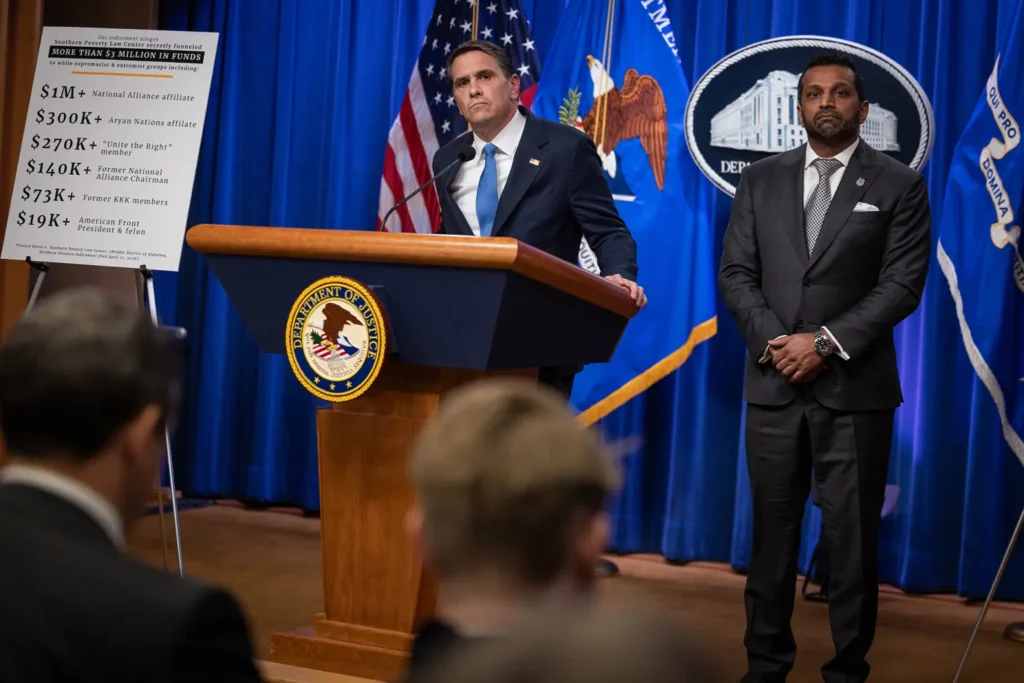 يظهر القائم بأعمال المدعي العام تود بلانش في مؤتمر صحفي مع مدير مكتب التحقيقات الفيدرالي كاش باتيل في أعقاب توجيه الاتهام إلى مركز قانون الفقر الجنوبي بتهمة غسل الأموال، في وزارة العدل في واشنطن العاصمة في 21 أبريل 2026.
