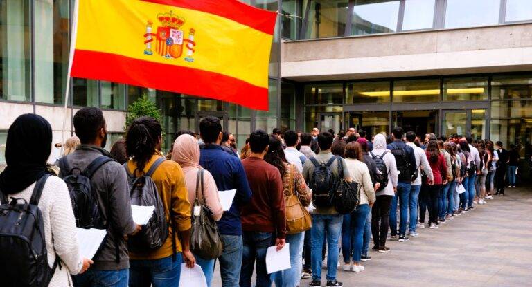 مهاجرون خلال تقديم طلبات تسوية أوضاعهم في إسبانيا